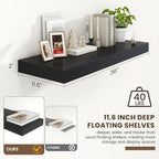 12 Inch Deep Floating Shelves | 36 Inch Black Floating Shelves | 36" W x 12" D Rustic Wood Shelves for Wall | Deep Black Shel