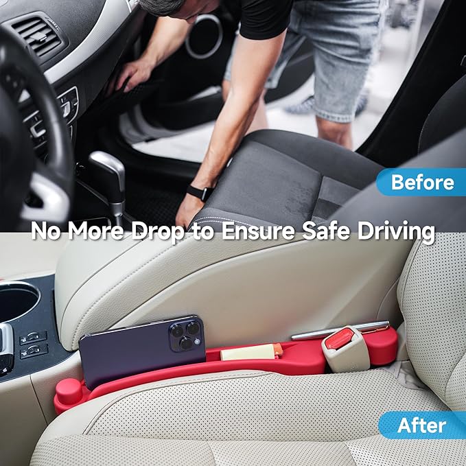 Car Seat Gap Filler Set of 2, 3IN1 Seat Side Gap Filler Plug with Storage Slot & Hook Function, Soft Foam Universal Fit Car SUV Truck Fill Gap Between Seats Console Organizer (Narrow Red)