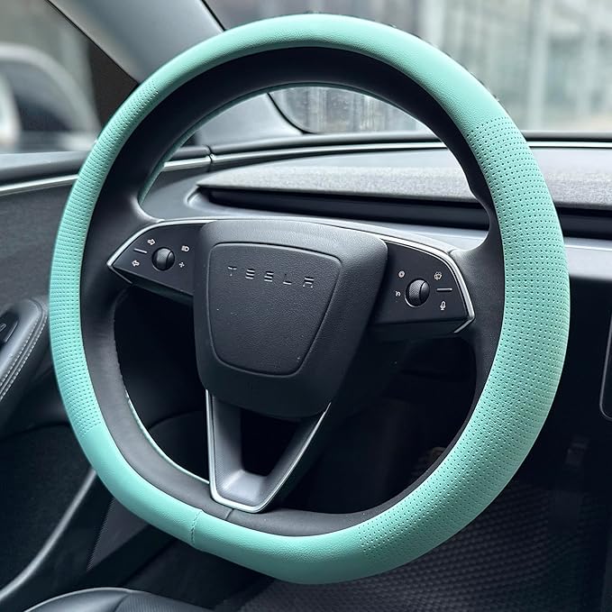 PINCTROT Nappa Leather Steering Wheel Cover for Tesla Model Y/3 Highland/Juniper, D Shaped 14 Inch Small Sized with Breathabl