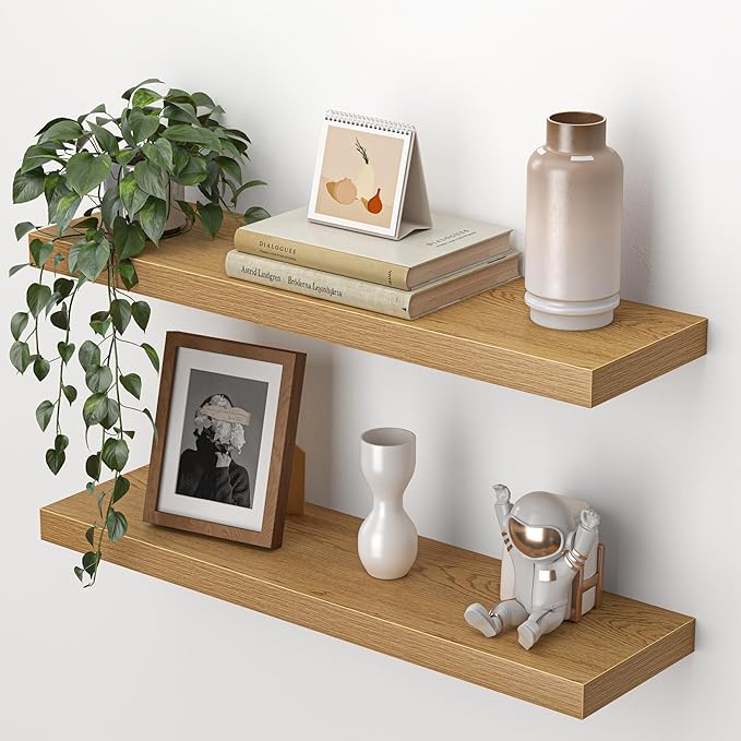 Heimlove 24 Inch Floating Shelves for Wall,Mounted Storage Wood Shelves with Invisible Brackets Hanging Shelf for Bedroom,Liv