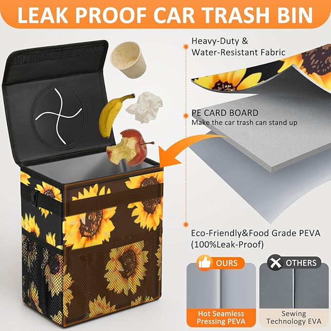 Car Trash Can for Car Cute,Bag Bin Hanging Waterproof Automotive Garbage Cans Leak Proof Vehicle Trash Can Sunflower