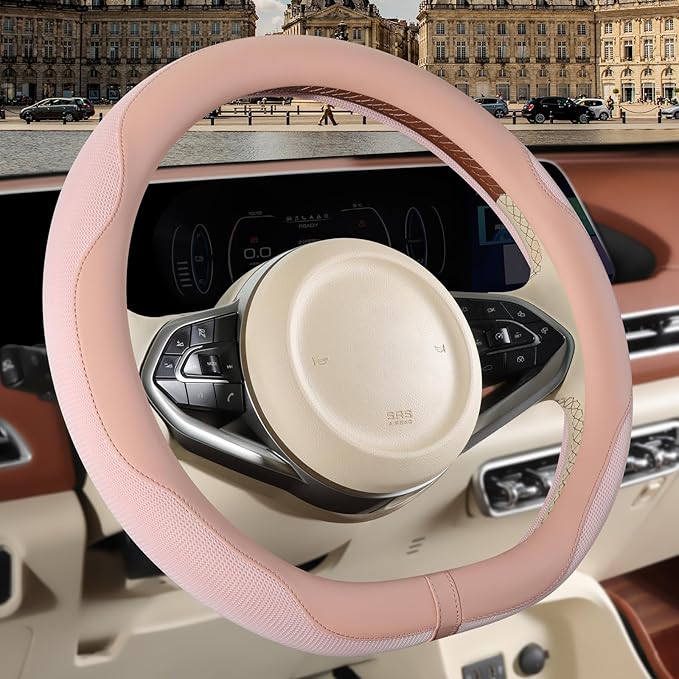 Nappa Leather Pink D Shape Steering Wheel Cover, Advanced Microfiber Leather Non-Slip Breathable Fabric, Warm in Winter and C