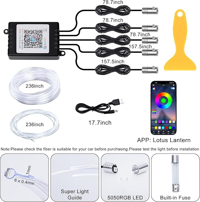 Interior Car LED Lights APP Control，Ambient Lighting Kit with 236" Fiber Optic，5 in 1 RGB Strip Lights，16 Million Colors Car Neon Lights, Sync to Music（USB）