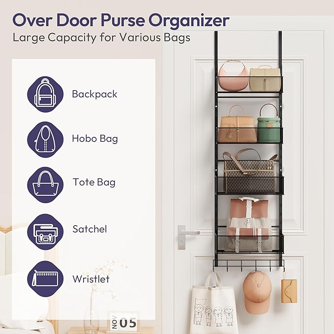 SWTYMIKI Over The Door Purse Organizer - Wall Mounted Purse Rack with 4 Adjustable Metal Basket and 6 Hooks, Hanging Bag Rack