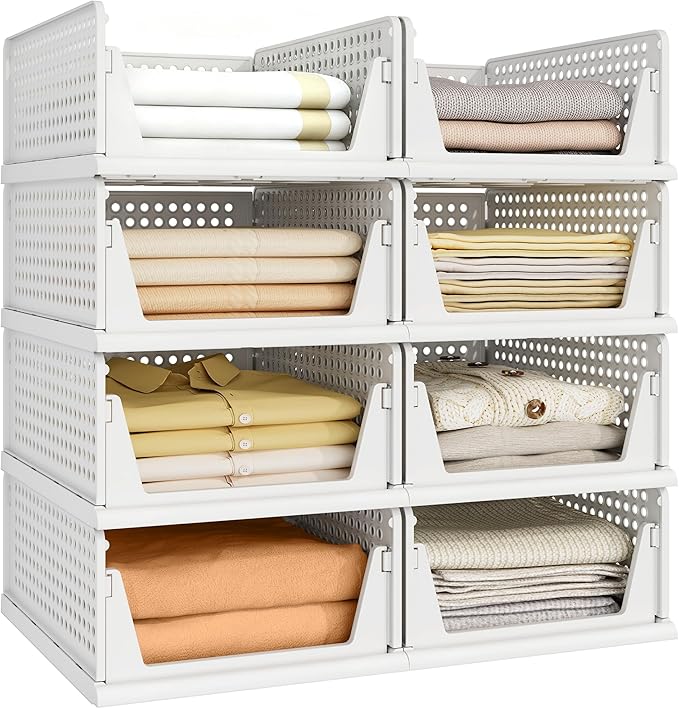 Pinkpum 8 Pack Closet Organizers and Storage Plastic Stackable Storage Bins, Foldable Drawer Shelf Storage Container for Ward