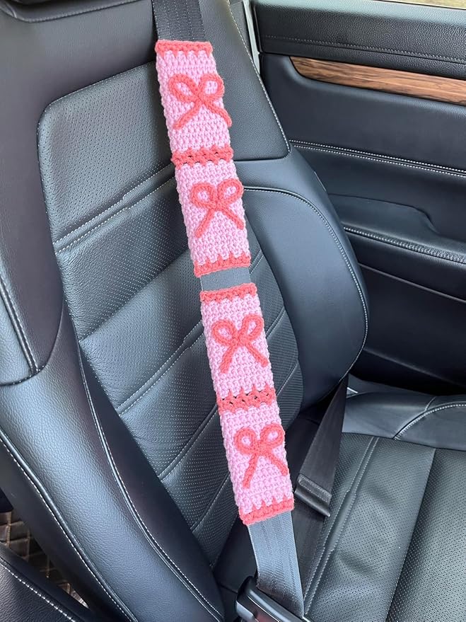 Handmade Crochet Pink Bow Car Steering Wheel Covers Universal 14-15 inch,Cute Steering Wheel Cover,Car Accessories (A,Steering Wheel Cover+2 Belt Cover)