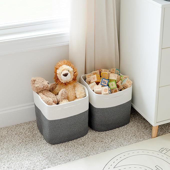 NaturalCozy Storage Cubes 11 Inch Cotton Rope Woven Baskets for Organizing, 3-Pack | Cube Storage Bin | Square Storage Basket