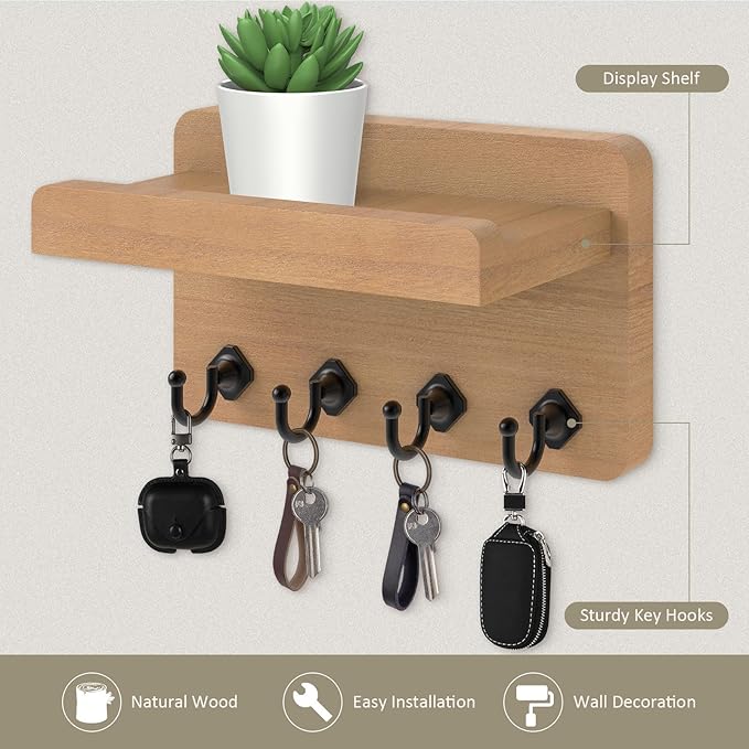 Nekon Key Holder Wall Mount, 8.5 Inch Small Home Decor Wooden Wall Organizer with 4 Hooks and Shelf, Key and Mail Holder for 