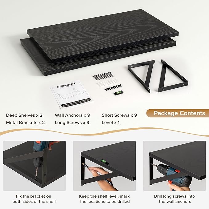 Deep Floating Shelves Wall Mounted, 24"x12" Black Wall Shelves with Brackets Set of 2 for Bedroom, Living Room, Bathroom, Kit