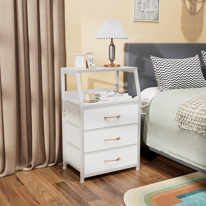 Furnulem White Nightstand with 3 Drawers and 2-Tier Shelf, Small Night Stand End Table Side Furniture, Fabric Storage Organiz