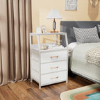 Furnulem White Nightstand with 3 Drawers and 2-Tier Shelf, Small Night Stand End Table Side Furniture, Fabric Storage Organiz
