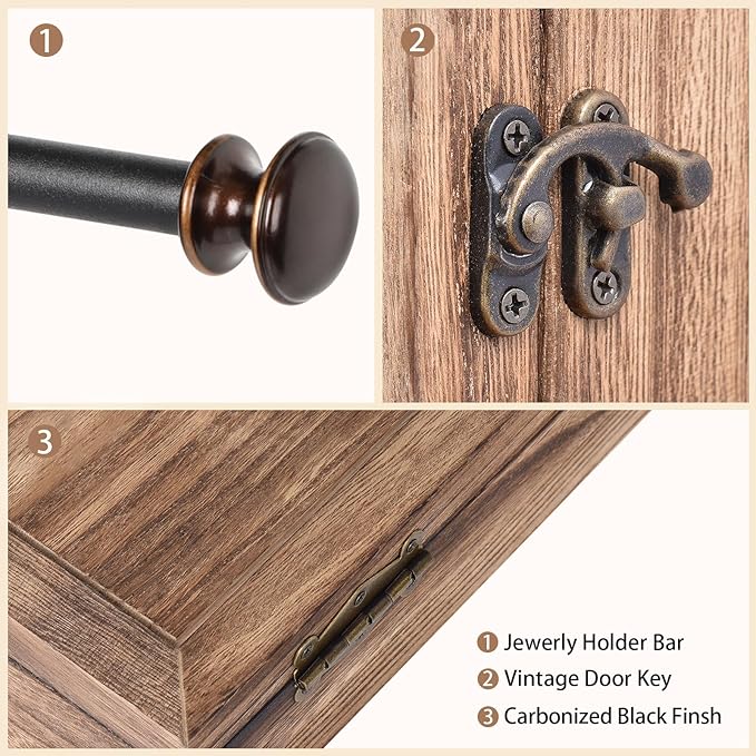 Keebofly Wall Mounted Jewelry Organizer Box Rustic Wood Large Space Jewelry Cabinet Holder Jewelry Storage Box for Necklaces,