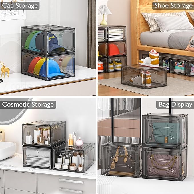 7 code Thicken & Sturdy Clear Shoe Storage Organizer with Magnetic Door, Stackable Boxes for Closet, Foldable Shoe Rack for S