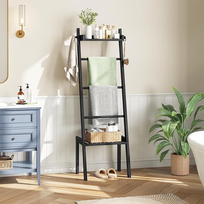 HOOBRO Blanket Ladder, 5 Tier Bamboo Ladder Shelf, Blanket Ladders for Living Room and Bedroom, Farmhouse Blanket Holder Rack