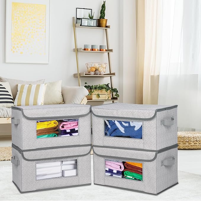 Univivi [4-Pack Fabric Storage Boxes Collapsible Storage Bins with Lids and Handles Cube Organizer Basket for Home, Closet, B