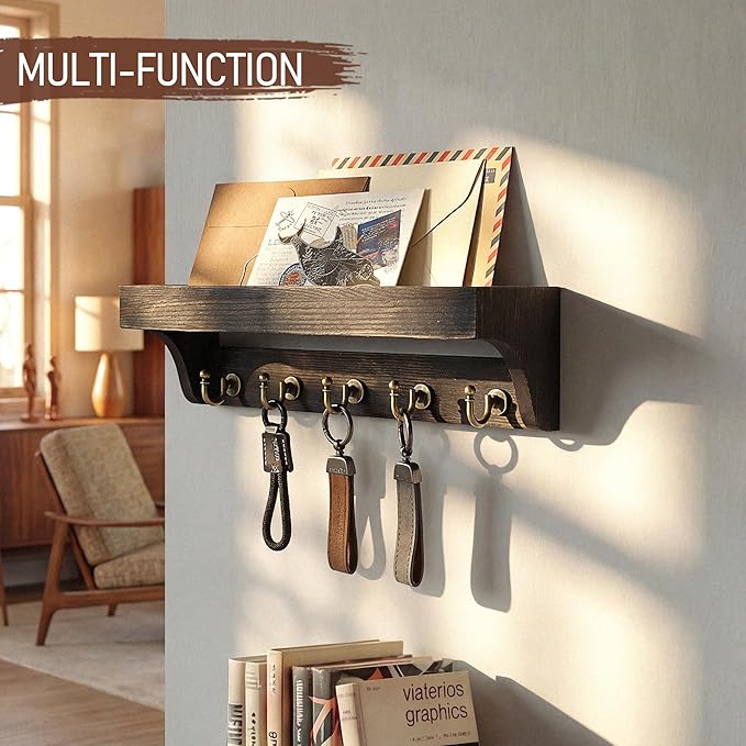Rebee Vision Key Holder Wall Mount with Shelf – Rustic Key Holder for Wall with 5 Hooks for Keys & Leashes – Stylish Entryway