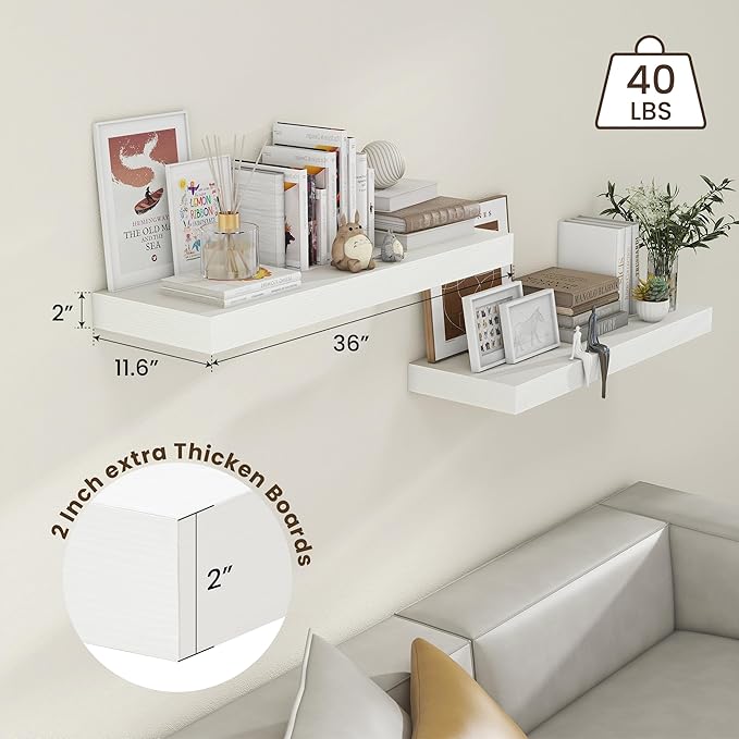 Deep Floating Shelves | 36 Inch White Floating Shelves Set of 2 | 12 Inch Deep Rustic Wood Shelves for Wall | 36" W x 12" D W