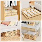 Bamboo Under Bed Storage Containers- Underbed Organizer with Wheels with Large Capacity Dust Bag,Sturdy Wood Rolling Under Be