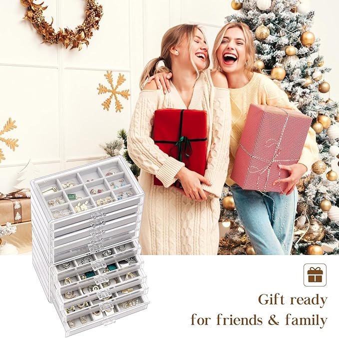 ProCase Earring Holder Organizer Jewelry Box with 10 Drawers, Acrylic Clear Earring Case with Adjustable Velvet Trays for Wom