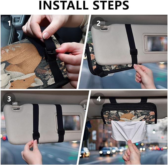 Car Tissue Holder Car Visor Organizer Tissue Box Holder for Car Sun Visor Organizer with Car Vehicle Accessories Essentials Interior for Women Men Forest Fox Bunny Flowers Green