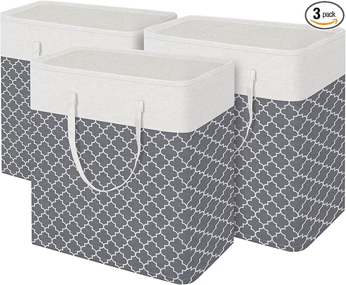 BlissTotes 3-Pack Laundry Basket, Freestanding＆Waterproof Laundry Hamper, Collapsible Tall Clothes Hamper with Easy Carry Han
