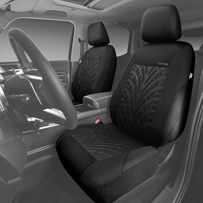 CAR PASS Car Seat Covers Two Front Only for Car, 3D Tyre Print Automotive Interior Covers, Airbag Compatible, Quick Setup Uni