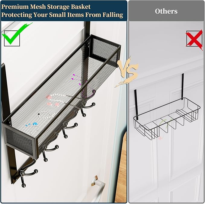 Consumest Over The Door Hooks Organizer - Over Door Hanger with 16 Hooks & 2 Baskets for Hanging Coat, Clothing, Towel, Back 