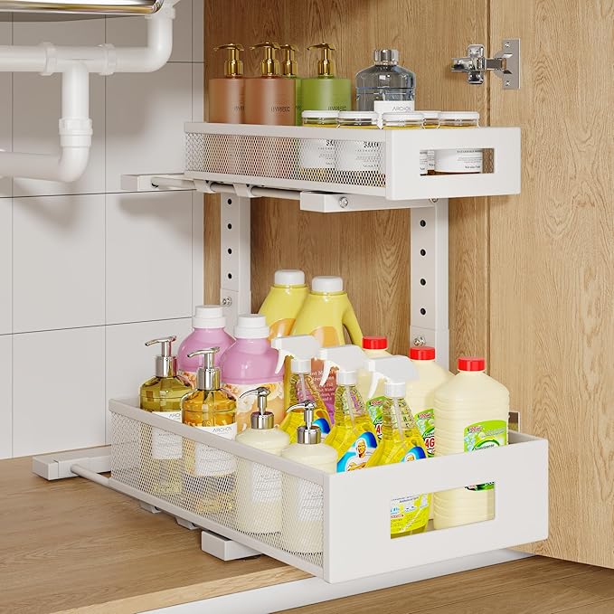 1 Pack-11.4"-16.14"H Under Sink Storage Organizer, Large 2-Tier Elegant Mesh Pull Out Shelf for Kitchen and Bathroom Cabinet 
