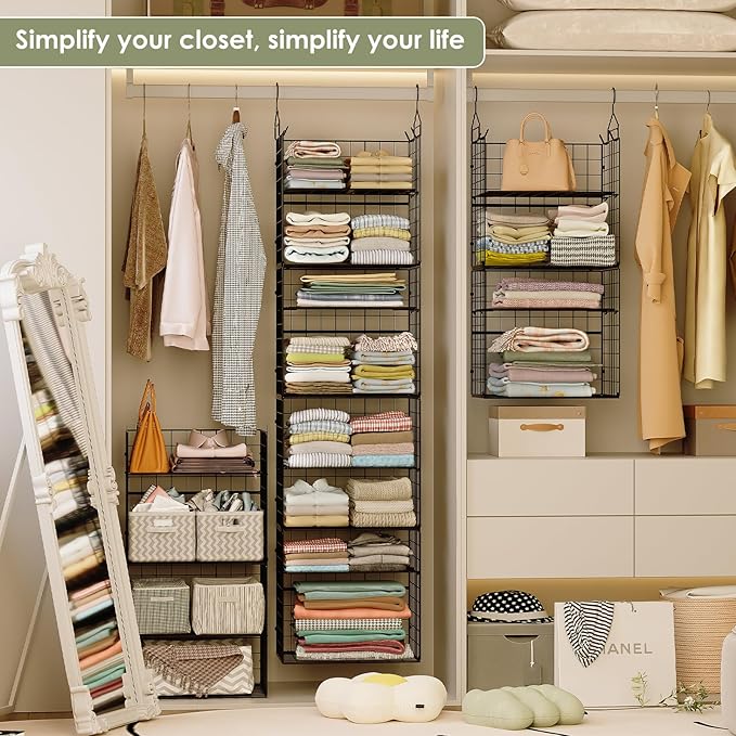 Hanging Closet Organizer and Storage - 8 Tier Closet Hanging Organizer Shelves, Metal & Foldable Hanging Storage Organizer Ba