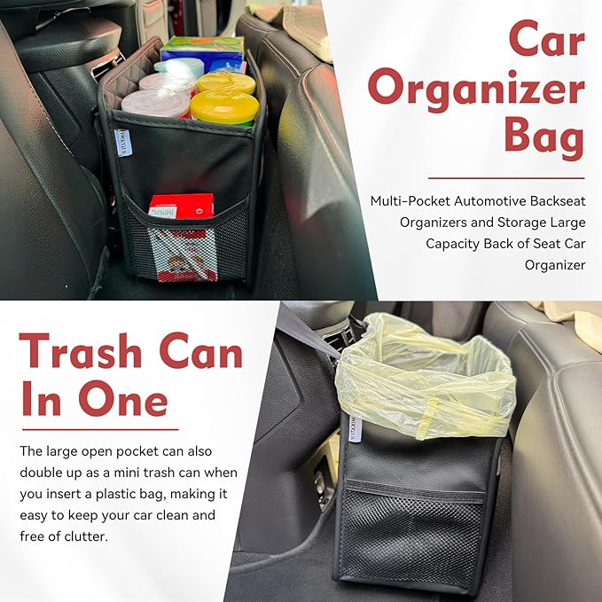 Upgraded Extra Large Car Seat Organizer Backseat with 3 Storage Pockets, Multipurpose Car Organizer Hanging Car Trash Bag Can