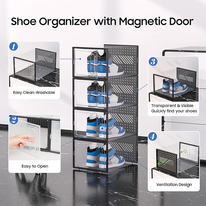 eWonLife X-Large Shoe Boxes with Magnetic Door, 12-Pack Stackable Shoes Storage Organizer for Closet, Clear Plastic Sneaker C