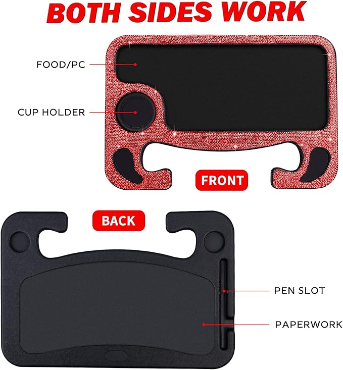 eing Bling Auto Steering Wheel Desk, Laptop,Tablet, Notebook Car Travel Table, Food Eating Hook On Steering Wheel Tray, for Constant Travelers, Fits Most Vehicles Steering Wheels,Red