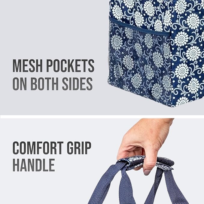Extra Large Utility Tote Bag - Oversized Collapsible Reusable Wire Frame Rectangular Canvas Basket With Two Exterior Pockets For Beach, Pool, Laundry, Car Trunk, Storage - Navy Sunflower