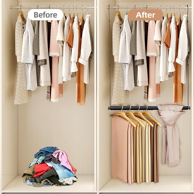 STORAGE MANIAC Adjustable Closet Rod Hanging Clothes Heavy Duty Closet Extender Hanging Rod Space-Saving Clothes Hanging Bar 