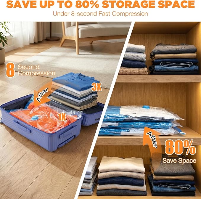 Vacuum Storage Bags with Cordless Pump, 16-Pack Space Saver Vacuum Seal Bags for Blankets, Clothes & Bedding, Reusable Compre