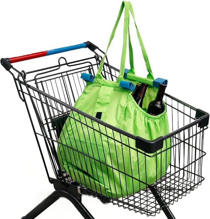 Handy Sandy 3-Pack Reusable Grocery Cart Bags – Foldable Shopping Organizers with Universal Cart Clips, PE Board Base