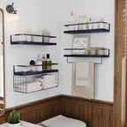 Wood Floating Shelves Wall Mounted - 4+1 Tier Rustic Bathroom Wall Shelves Over Toilet with Wire Storage Basket and Towel Bar
