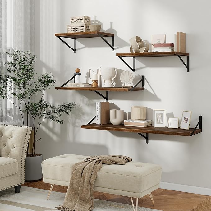 Floating Shelves, 12 Inch Deep Rustic Wood Wall Storage, 16W x 12D Wall Shelves Set of 2, Heavy Duty Metal Brackets, Large In