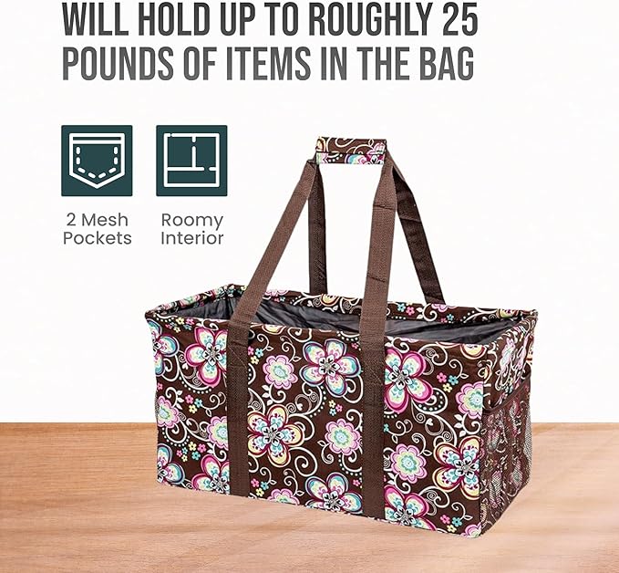 Extra Large Utility Tote Bag - Oversized Collapsible Reusable Wire Frame Rectangular Canvas Basket With Two Exterior Pockets For Beach, Pool, Laundry, Car Trunk, Storage - Brown Daisy