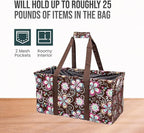 Extra Large Utility Tote Bag - Oversized Collapsible Reusable Wire Frame Rectangular Canvas Basket With Two Exterior Pockets For Beach, Pool, Laundry, Car Trunk, Storage - Brown Daisy