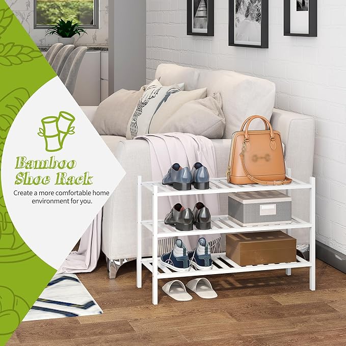 BMOSU 3-Tier Bamboo Shoe Rack Premium Stackable Shoe Shelf Storage Organizer for Hallway Closet Living Room Entryway Organize