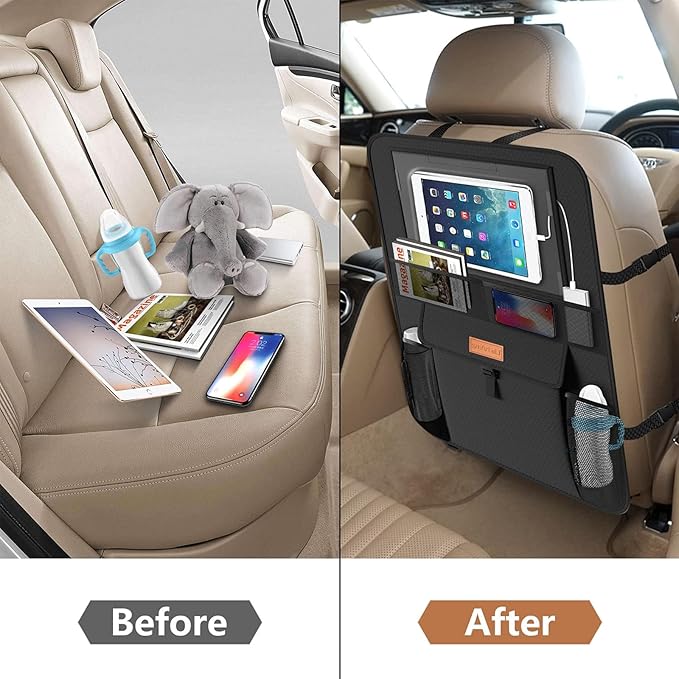 SMART ELF Non-Slip Backing Backseat Car Organizer Kick Mat with Storage Pockets, Large Waterproof Baby Car Seat Protector for Leather and Fabric (Black)