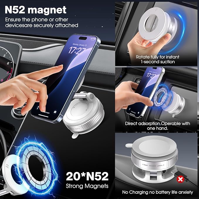Vacuum Magnetic Car Phone Holder for Magsafe, Hands-Free 360° Adjustable Suction Cup Phone Mount for Car/Gym/Mirror/Smooth Surface, Compatible with iPhone & Android (White)