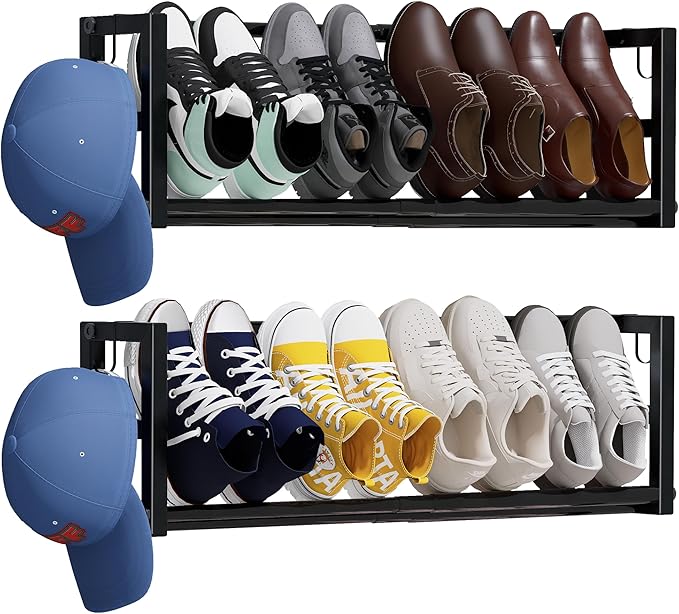 2 Pack Narrow Wall Mounted Shoe Rack for Small Spaces, Hanging Shoe Rack Holds 8 Pairs, 17"-30"Adjustable Heavy Duty Wall Sho