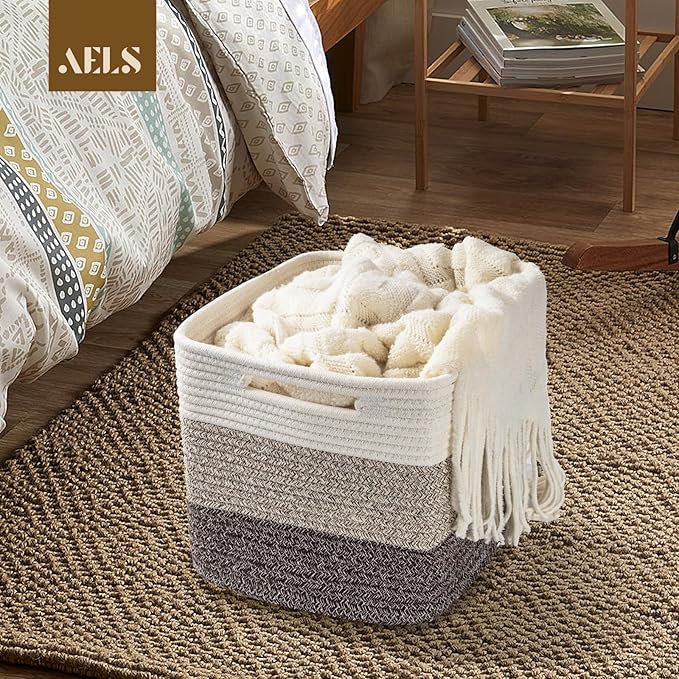 AELS Hand Woven Cotton Baskets for Storage, Cube Storage Bins with Handles, Foldable Collapsible Closet Organizers and Storag