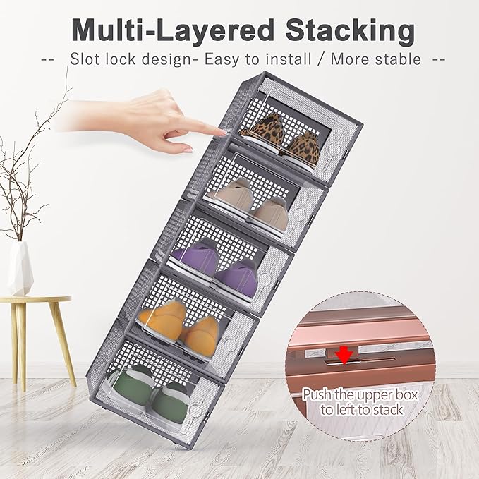 Kuject Large Shoe Organizers Storage Boxes for Closet, 12 Pack Clear Plastic Stackable Storage Bins with Lids, Under Bed Shoe
