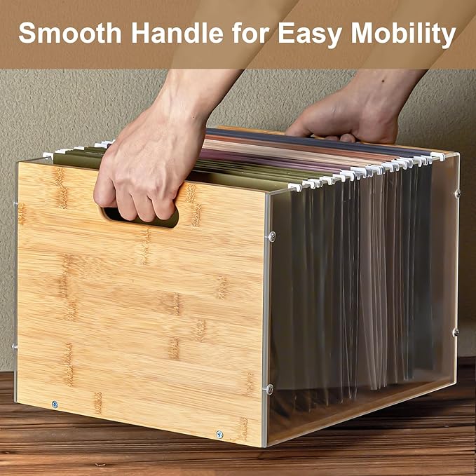 Sbanmao 3 Pack Hanging File Organizer, Clear Acrylic File Box Organizer, Bamboo Filing Box File Crate Organizer Storage Boxes