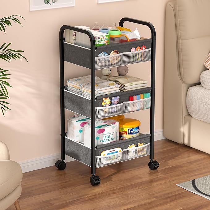 Baby Diaper Caddy Rolling Utility Cart, 3 Tier Baby Essentials Nursery Organizer and Storage with Dividers and Drawers for Cr