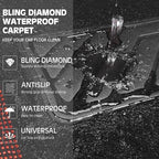 CAR PASS Bling Diamond Leather Steering Wheel Cover 14.5in-15in Floor Mats Shining Rhinestone Carpet Sparkly Glitter Crystal Anti-Slip Pad Fit Automotive SUV Pickup Truck Girl Women, 5pcs Black Red