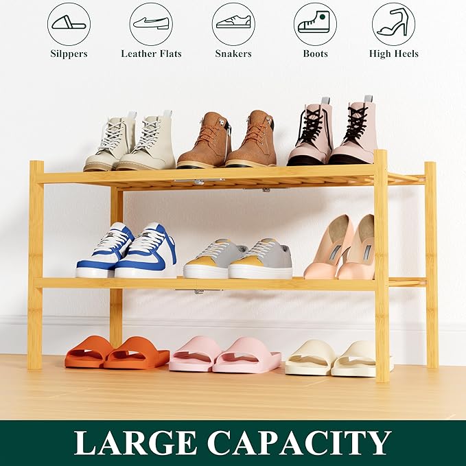 Smiry Shoe Rack, 2 Tier Thick Bamboo Shoe Organizer, Stackable Free Standing Wooden Shoe Storage Shelf for Closet, Entryway, 